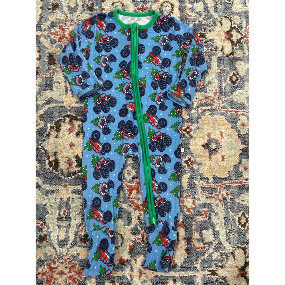 Little Snuggles Footie Pajamas Boys 2T Blue Monster Truck Christmas GUC